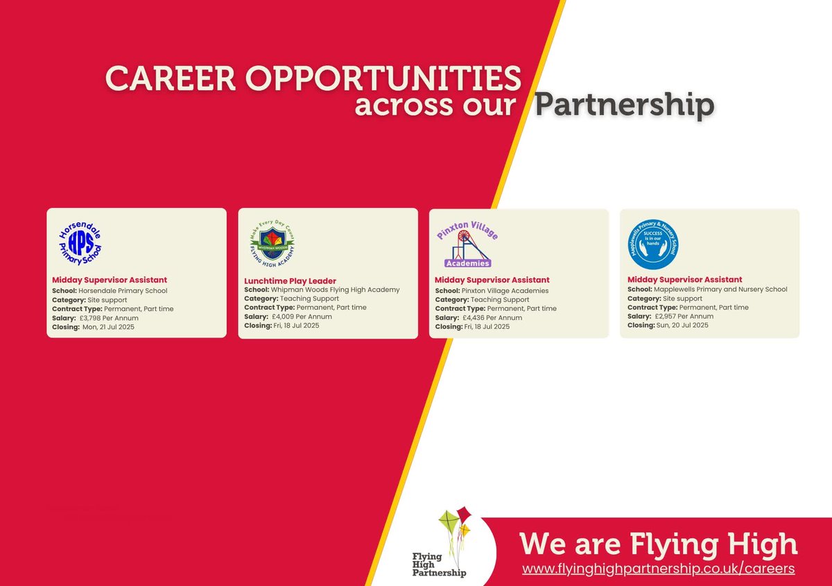 FlyingHighTrust's tweet image. We're hiring! 🚨
Join the Flying High team in a part-time role supporting our schools and children.
📍 Midday Supervisors &amp;amp; Lunchtime Play Leaders
📅 Apply by 18–21 July
🔗 bit.ly/3GEKCrm

#jobswithpurpose #careers #nottinghamshire #derbyshire