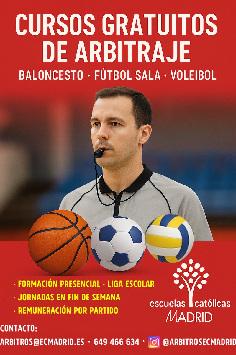 DeportesECM (@deportesecm) on Twitter photo 🚨SE BUSCAN ÁRBITROS
La XXXVII edición de los Juegos Deportivos de <a href="/ecatolicmadrid/">Escuelas Católicas Madrid</a> ya está en marcha.
Si eres árbitro o estás interesado en formar parte de nuestro equipo arbitral, ofrecemos:
👨🏫Curso presencial gratuito.
🏃Jornadas en fin de semana.
👍Puentes y vacaciones 🚨SE BUSCAN ÁRBITROS
La XXXVII edición de los Juegos Deportivos de <a href="/ecatolicmadrid/">Escuelas Católicas Madrid</a> ya está en marcha.
Si eres árbitro o estás interesado en formar parte de nuestro equipo arbitral, ofrecemos:
👨🏫Curso presencial gratuito.
🏃Jornadas en fin de semana.
👍Puentes y vacaciones