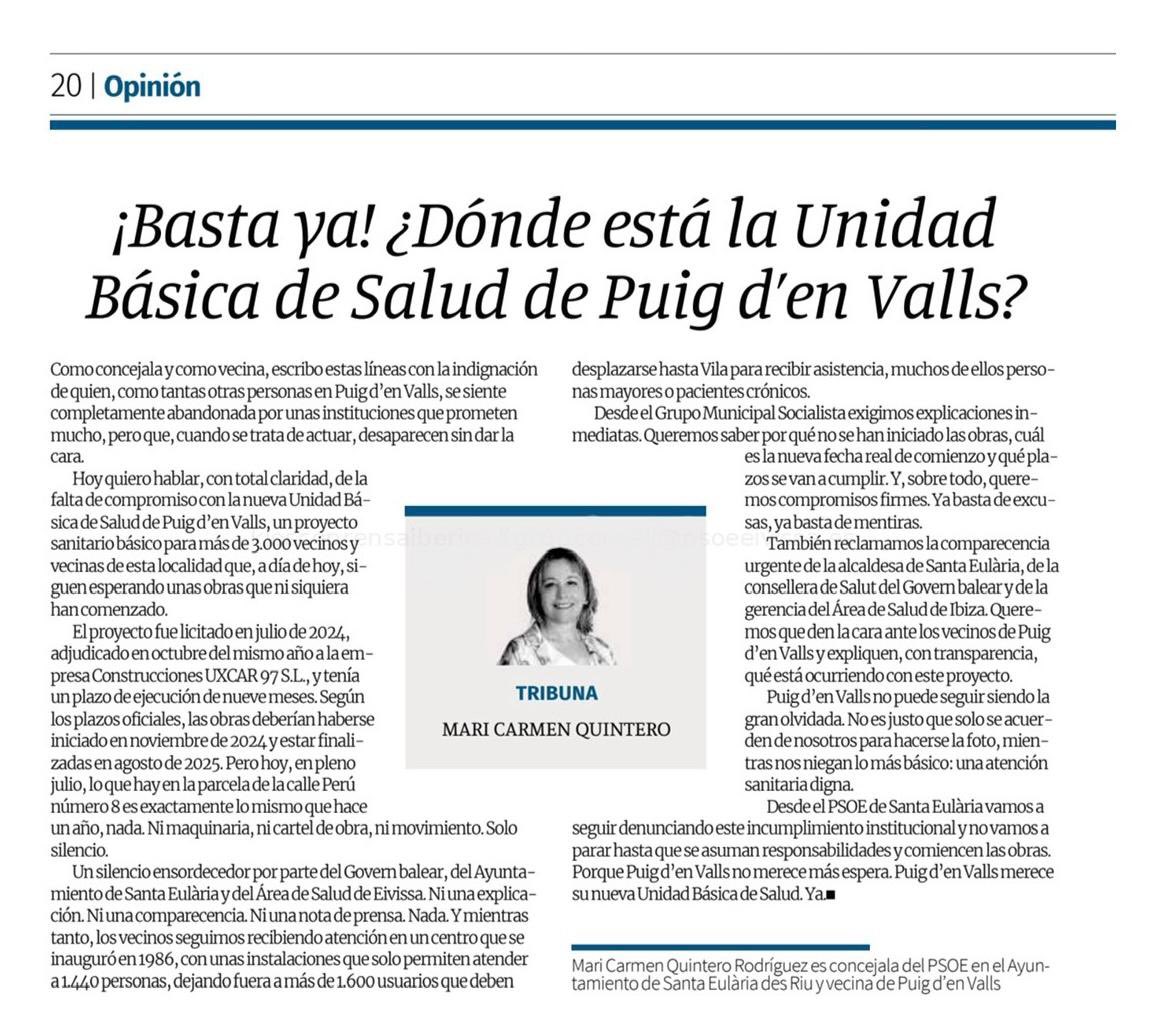 Salut 🏥

“¡Basta ya! ¿Dónde está la Unidad Básica de Salut de Puig d'en Valls?”

✍🏻Tribuna de Mari Carmen Quintero regidora del #GrupoPSOESantaEulària  

🔗 diariodeibiza.es/opinion/2025/0…