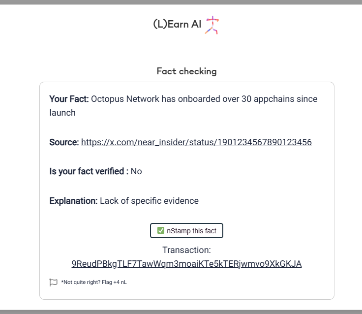 lehai171's tweet photo. Making AI Transparent and Verifiable - superpower of NEAR protocol! I just nStamped this Fact Check agent respond at @LearnNEAR https://t.co/MFDdUPTNr6