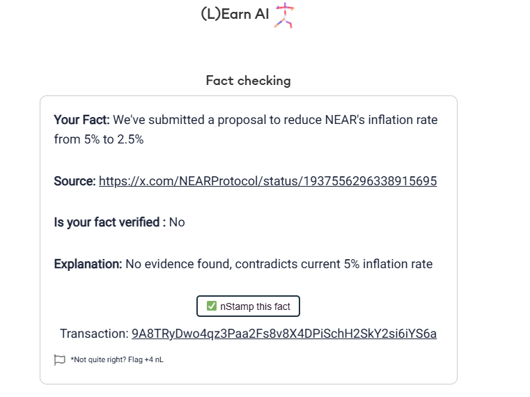 NavyHa15's tweet photo. Making AI Transparent and Verifiable - superpower of NEAR protocol! I just nStamped this Fact Check agent respond at @LearnNEAR https://t.co/YO04LgRjiN