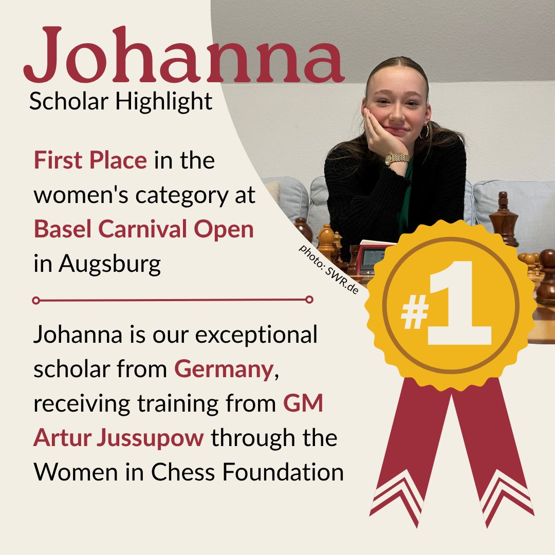 Exciting news! Our amazing scholar, Johanna, just won first place in the women's category at the Basel Carnival Open🌟🧡 Huge congratulations, and we can't wait to see more of your exceptional chess games🥳 
#chess #womeninchess #celebrating #chessworld #scholarship
