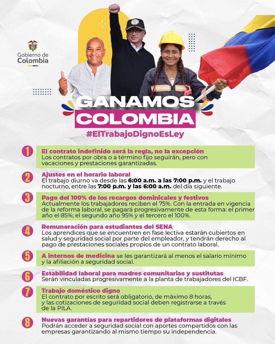 infopresidencia's tweet photo. Con la 𝐑𝐞𝐟𝐨𝐫𝐦𝐚 𝐋𝐚𝐛𝐨𝐫𝐚𝐥 del Gobierno del Presidente @petrogustavo, ganamos Colombia, todos ganamos dignidad. 

#ElTrabajoDignoEsLey, conoce los puntos más importantes que trae esta reforma y comparte. 

➡️https://t.co/XHeKMMkeKT https://t.co/q8gC3hfQLE