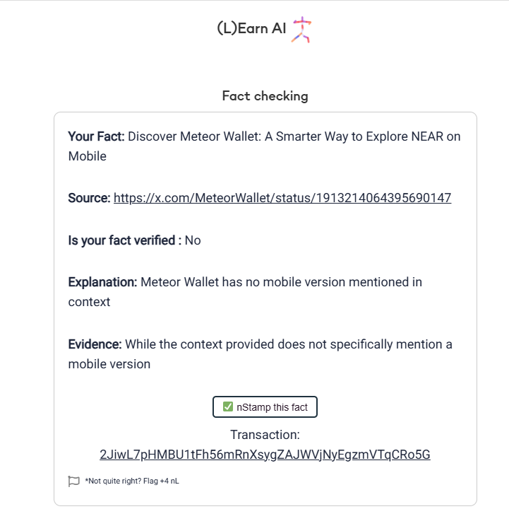thosonle's tweet photo. Making AI Transparent and Verifiable - superpower of NEAR protocol! I just nStamped this Fact Check agent respond at @LearnNEAR https://t.co/lTPYzz9ZjM