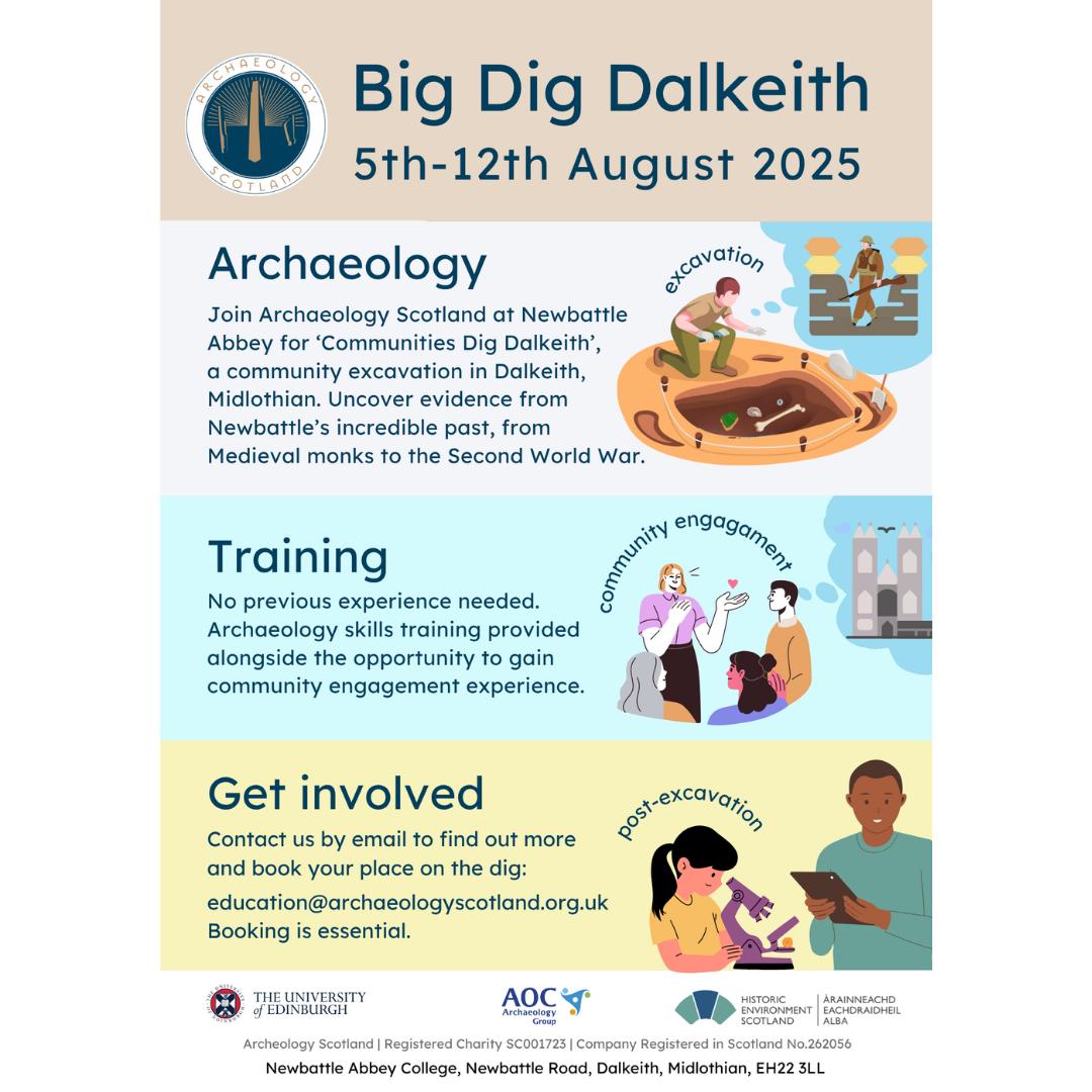 Veterans Scotland (@veteransscot) on Twitter photo 🔎 ⛏ Join Archaeology Scotland’s Big Dig!
From 5th to 12th August 2025, at Newbattle Abbey, Dalkeith, no experience needed!
Interested?
Email: education@archaeologyscotland.org.uk
#ArchaeologyScotland #BigDig #CommunityArchaeology #Newbattle #DiscoverHistory 🔎 ⛏ Join Archaeology Scotland’s Big Dig!
From 5th to 12th August 2025, at Newbattle Abbey, Dalkeith, no experience needed!
Interested?
Email: education@archaeologyscotland.org.uk
#ArchaeologyScotland #BigDig #CommunityArchaeology #Newbattle #DiscoverHistory