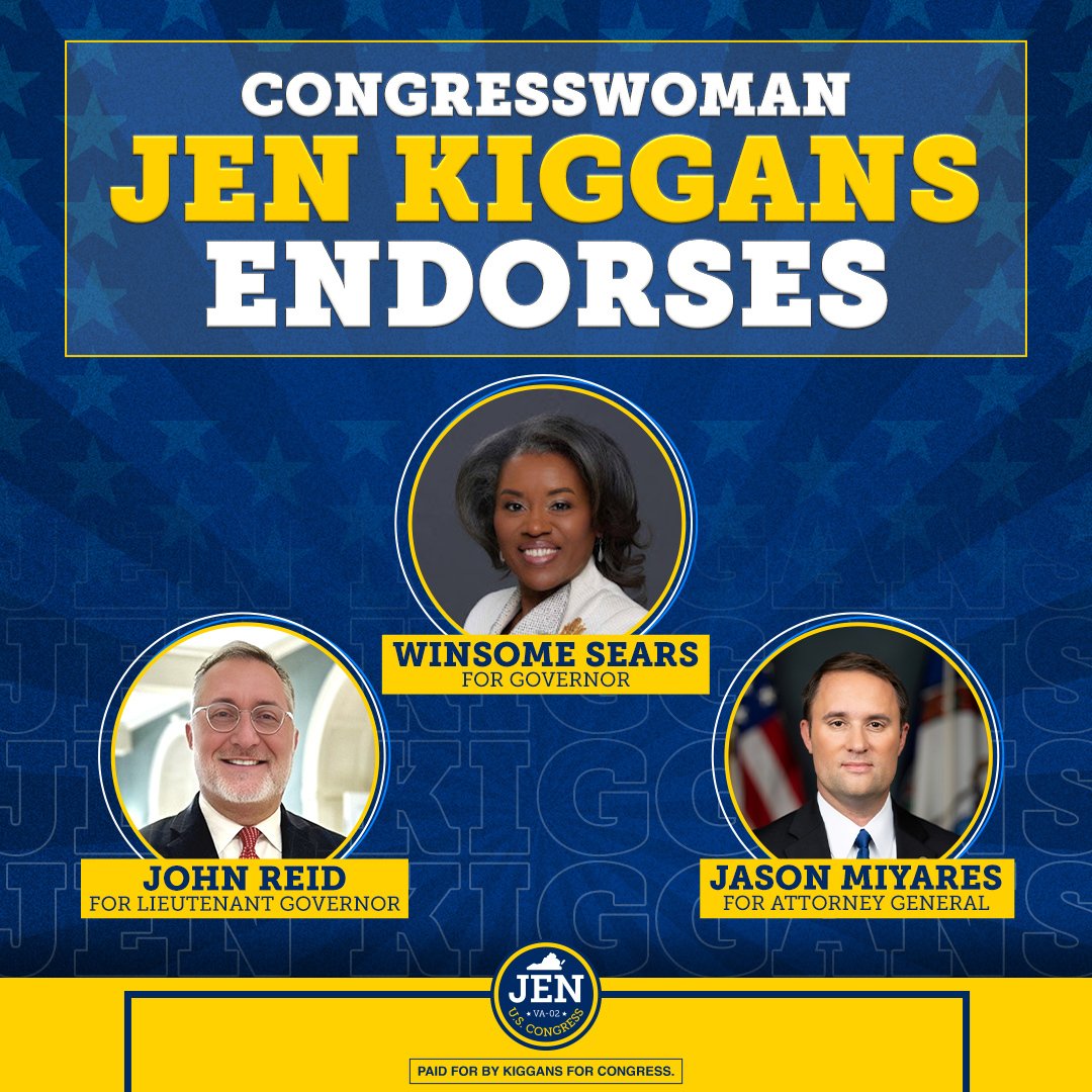 Jen Kiggans (@jenkiggans) on Twitter photo I am proud to endorse our statewide Republican ticket! With <a href="/winwithwinsome/">Winsome Earle-Sears</a>, <a href="/JohnReid4VA/">John Reid</a>, and <a href="/JasonMiyaresVA/">Jason Miyares</a>, our Commonwealth will continue in the right direction for our families..! Join me in supporting them this November...! I am proud to endorse our statewide Republican ticket! With <a href="/winwithwinsome/">Winsome Earle-Sears</a>, <a href="/JohnReid4VA/">John Reid</a>, and <a href="/JasonMiyaresVA/">Jason Miyares</a>, our Commonwealth will continue in the right direction for our families..! Join me in supporting them this November...!