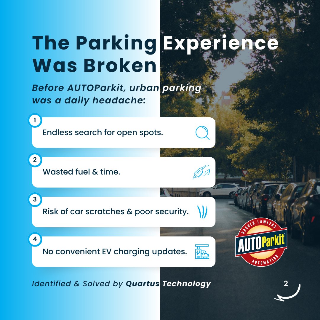 quartustechhq's tweet image. Say goodbye to parking hassles with AUTOParkit – smart, touchless, and eco-friendly, powered by Quartus Technology. 🚗
Enjoy faster parking, real-time EV tracking, and total peace of mind. 📲✨
#AUTOParkit #SmartParking #QuartusTechnology #TouchlessExperience #EVReady