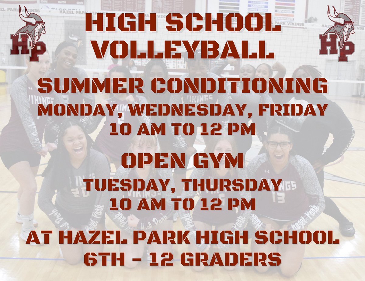 Open gym begins today for our Volleyball players from 10 am to 12 pm. #hazelparkschools #GoVikings