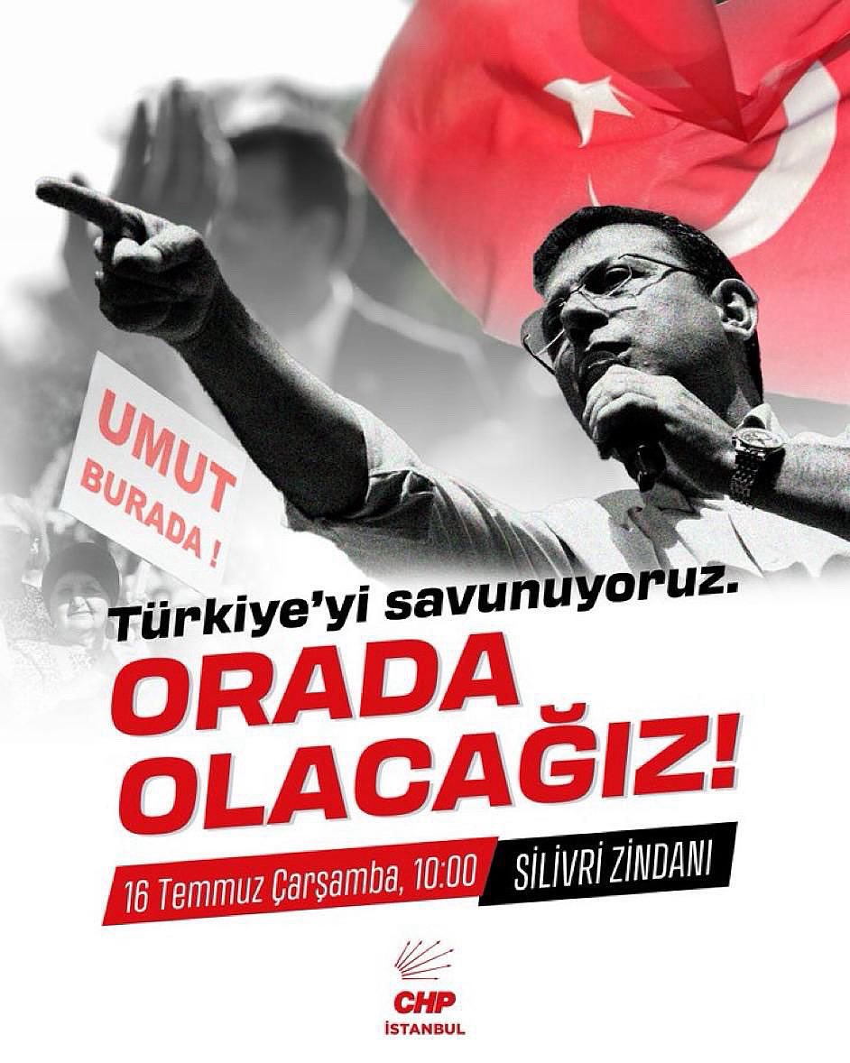 Halkımızın iradesini savunacağız.

Adalet mücadelemizi sokaklara, meydanlara, zindanlara yazmaya devam edeceğiz.

Cumhurbaşkanı adayımız Ekrem İmamoğlu’nu, rehin tutulan belediye başkanlarımızı, yol arkadaşlarımızı alacağız!

🗓️ 16 Temmuz Çarşamba
🕙 10.00
📍 Silivri Zindanı