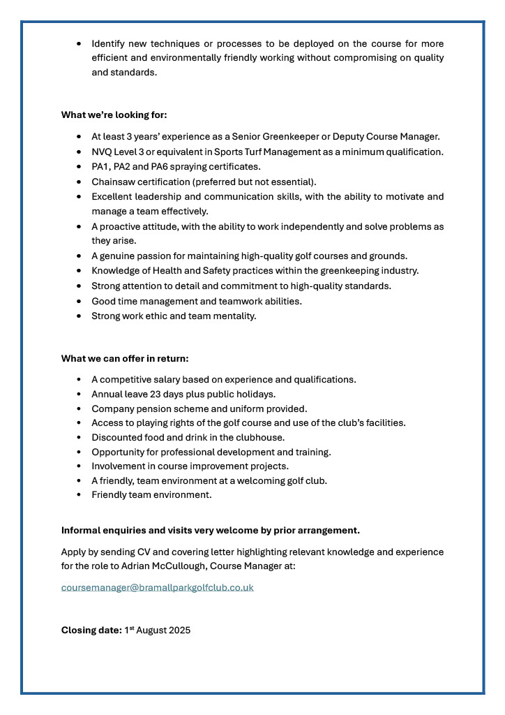 A great opportunity has arisen to join Bramall Park as Deputy Course Manager.  If you're ready to make that step up into management within Greenkeeping, then I want to hear from you!