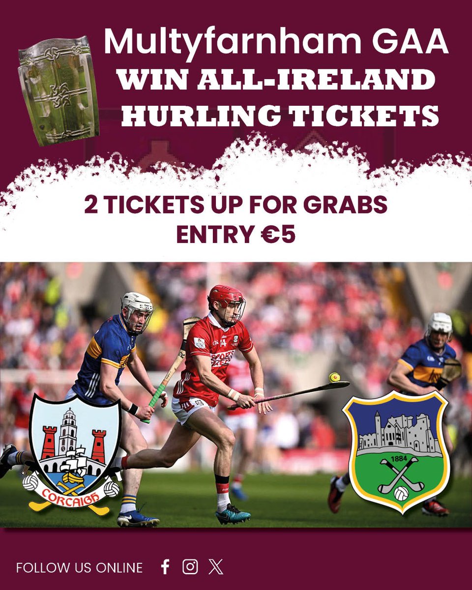 🎟️🔥 WIN All-Ireland Final Tickets! 🔥🎟️
Be at Croke Park for 🔴⚪ Cork 🆚 🔵🟡 Tipp 🏆
💥 €5 entry | 🎫 2 Final Tickets
📅 Draw: Fri 18 July, 9:30PM
👉 Enter: bit.ly/44KMtTu

#AllIrelandFinal2025 #GAA #Hurling #CrokePark #UpThePremier #TheRebels