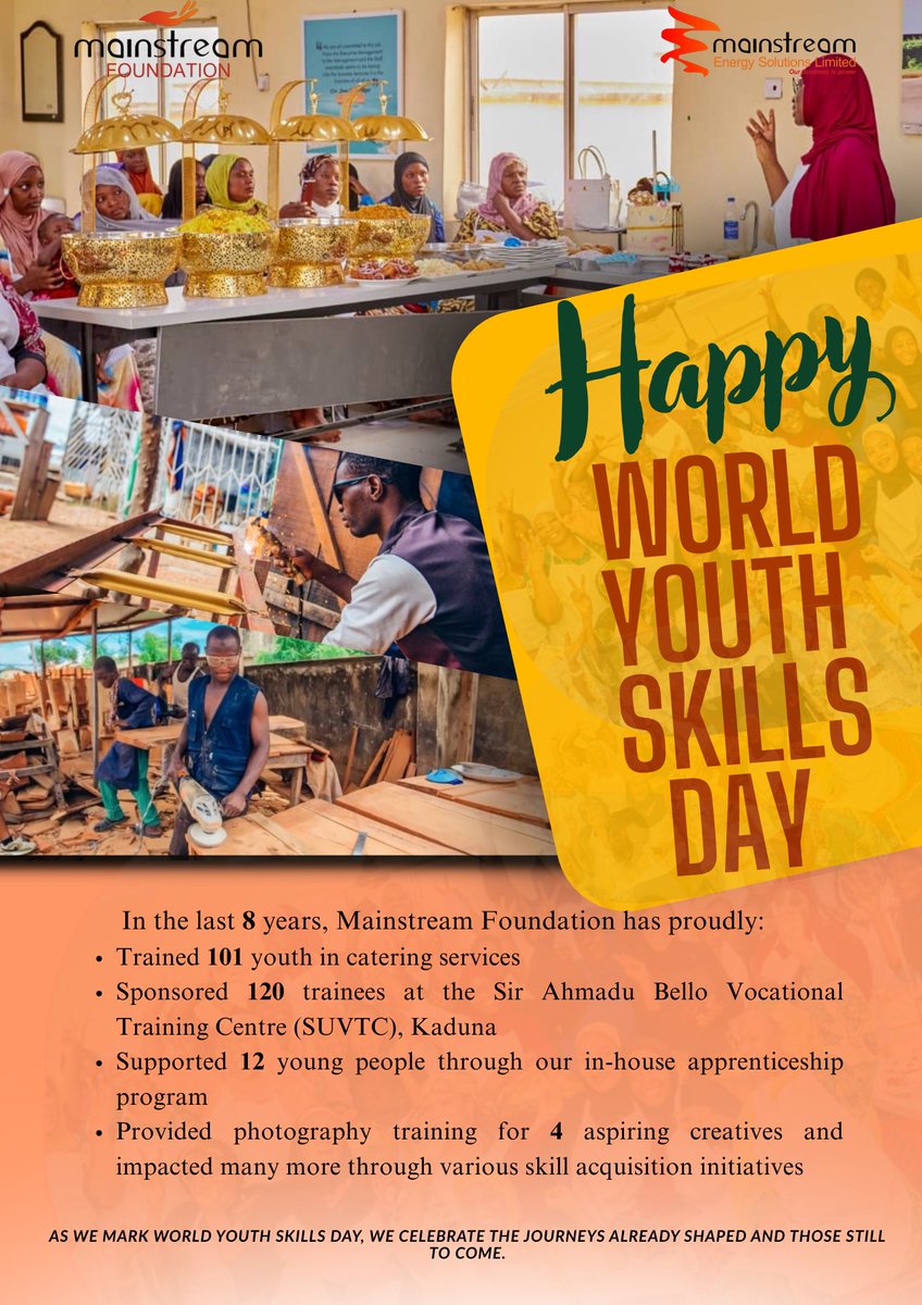 Many young people still face limited access to practical #skills which constitutes a major challenge to economic #empowerment. 
At #MainstreamFoundation, we are working to change that. In the past 8 years, we have empowered over 400 youths and will continue to do more.
HWYSD!