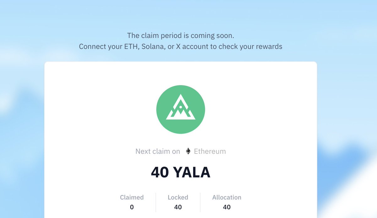 $YALA 空投可以查询了。前几天打的白单我查了下给了40个。快照时间7.8

查询链接：claim.yala.org

这次空投 34,000,000 $YALA
30,000,000 $YALA：主网 Berries 赚取者
618,180 $YALA：主网 Ice Berries 收入者
3,000,000 $YALA：Yeti Footprints 社区成员
60,000 $YALA：Yala Bonus 奖励池