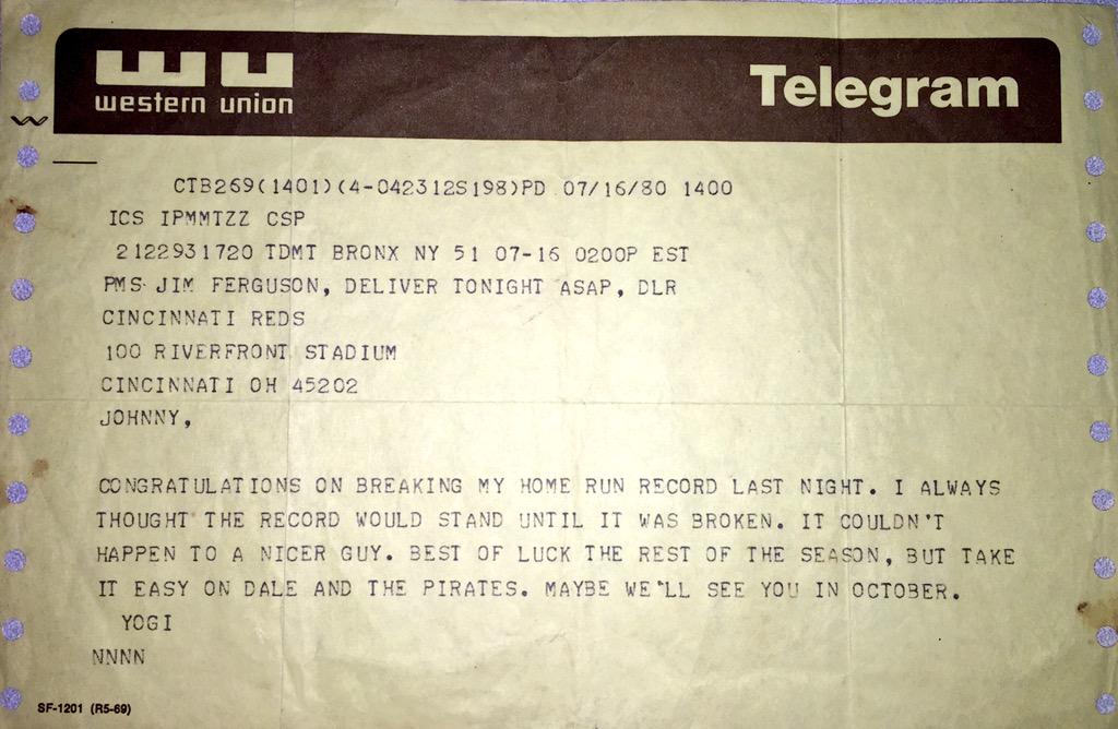 lindsayberra's tweet image. #OTD in 1980, @Reds @JohnnyBench_5 breaks Grampa's record with his 314th home run as a catcher. Equally memorable was the telegram Gramp sent Johnny the next morning. "Congratulations. I always thought the record would stand until it was broken." #Yankees #Yogisms #MLB #Reds