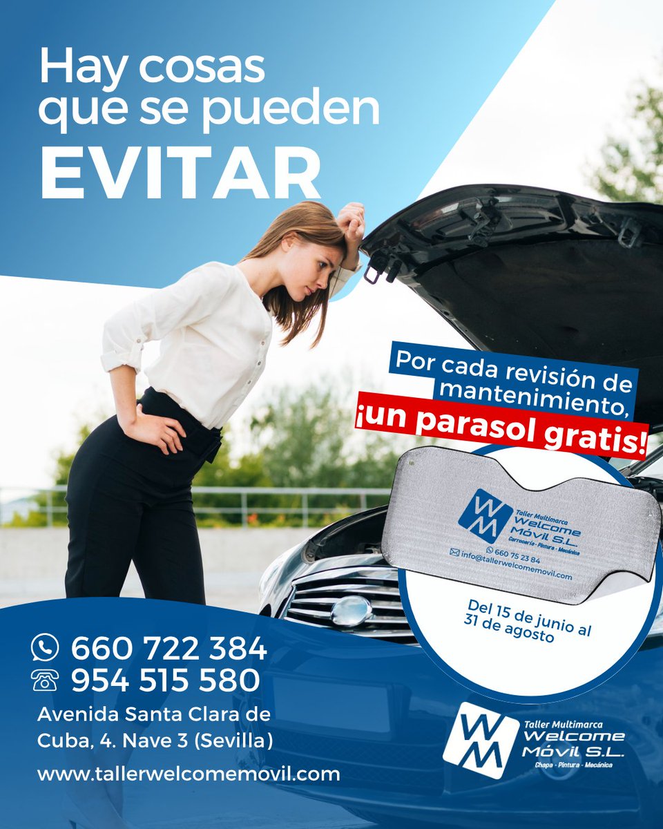¡Protege tu coche este verano! ☀️

En Taller Welcome Móvil, por cada revisión de mantenimiento, te incluimos un parasol

Oferta válida hasta el 31 de agosto 
¡No te quedes sin el tuyo!

📍Av. Santa Clara de Cuba, 4. Nave 3 
 📞660722384 | 954515580

#SomosTuTaller