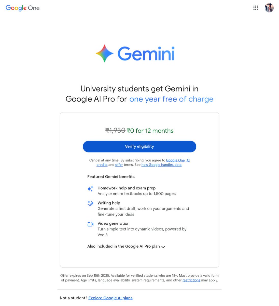 notadevlakshya's tweet image. Just snagged Google AI Pro for 1 year 🎉 

So glad my college ID finally came in handy for something beyond exams. Not for coding, but for everything else AI can do! 

#GoogleAIPRo #StudentPerks #AIforEverythingElse #Gemini