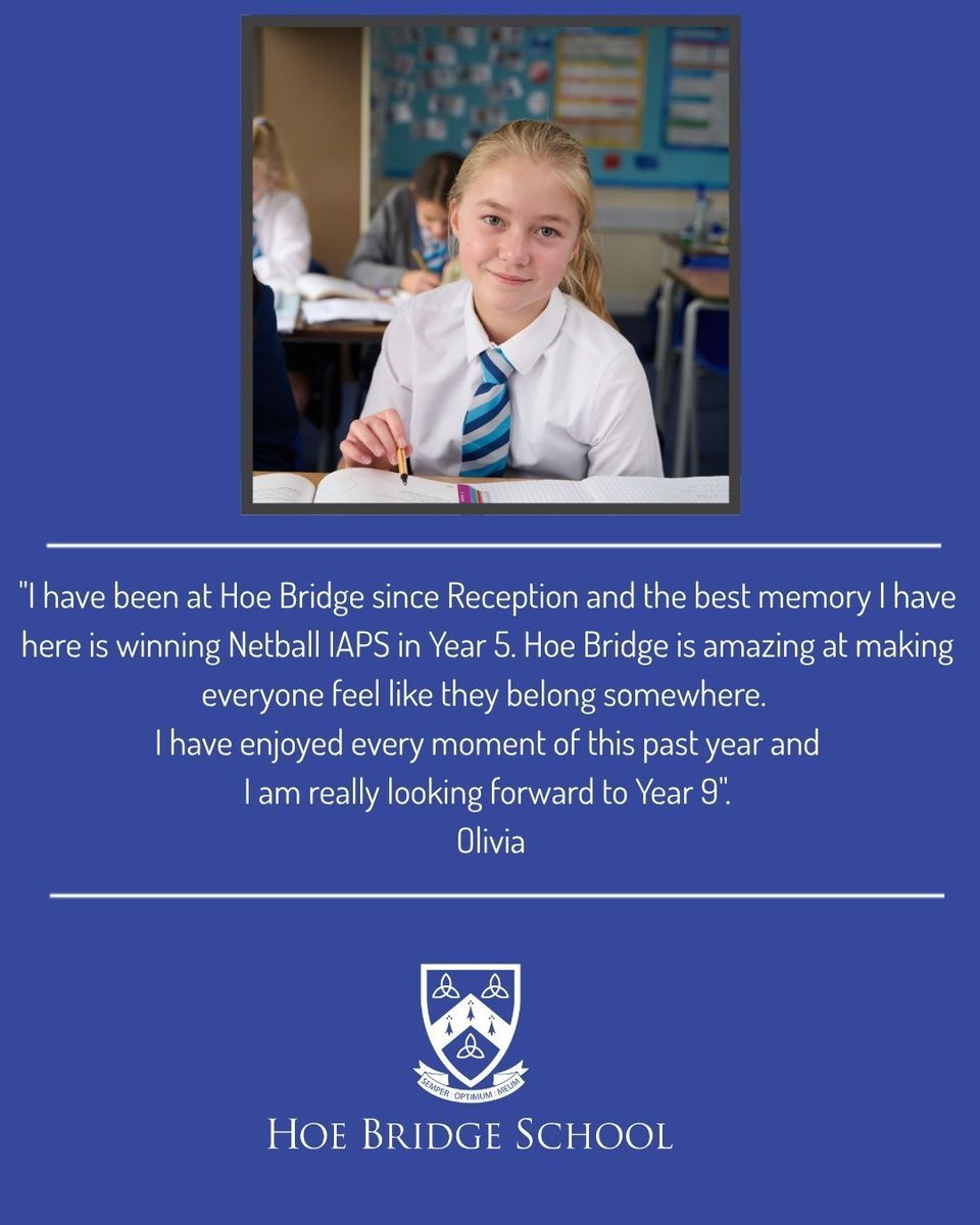 We are excited to welcome our very first Year 9 group this September! 🙌 

The children are as thrilled as we are, and Olivia shares her love for Hoe Bridge and her excitement about being part of the pioneering Year 9 class in September. 🫶 

#HoeBridgeSchool #hbshappiness #Year9