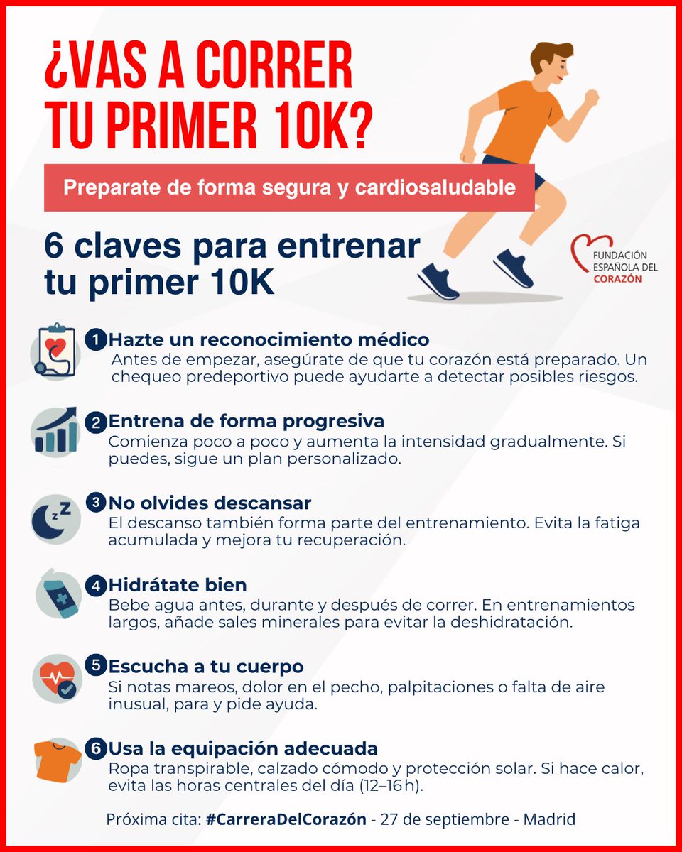 cuidarcorazon's tweet image. ¿Te animas con tu primer 10K?
📌 En esta infografía te damos 6 claves para entrenar de forma segura, evitar riesgos y disfrutar del recorrido.
🔁 Comparte esta guía con quien esté pensando en dar el primer paso.
🔗 Apúntate a nuestra carrera por la salud cardiovascular en:…