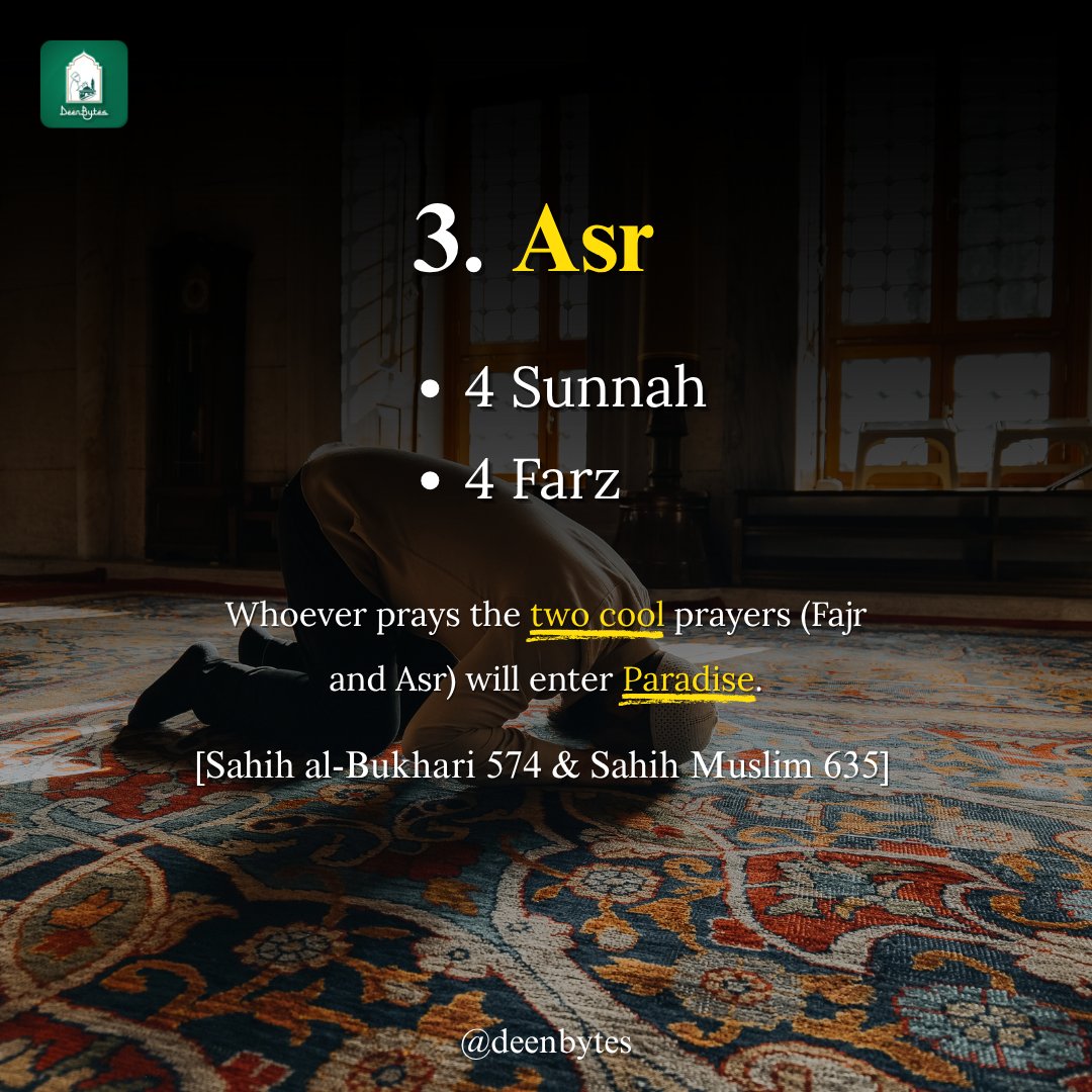 Deenbytes's tweet image. Salah is not just a ritual, It's your shield from sins &amp;amp; your path to Jannah. ✨(PT.1)

Fajr = Peace 🌙
Duha = Blessings 🌸
Zuhr = Protection 🛡️
Asr = Paradise Promise 🕌
Maghrib = Calmness 🌅
Isha = Half-night Reward 🌌

#DeenBytes #SalahReminder #PrayOnTime #IslamicMotivation