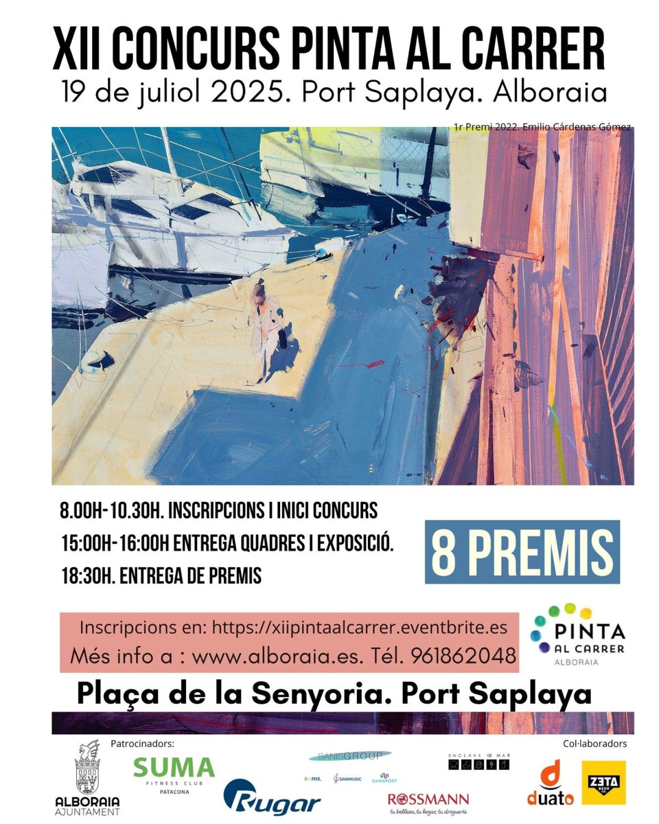 🎨 Este dissabte no et perdes el XII Concurs Pinta al Carrer 

🖌️ 19 de juliol a partir de les 8:00 h.

📍 Port Saplaya. Plaça de la Senyoria

✅ Participa: eventbrite.es/e/entradas-xii…