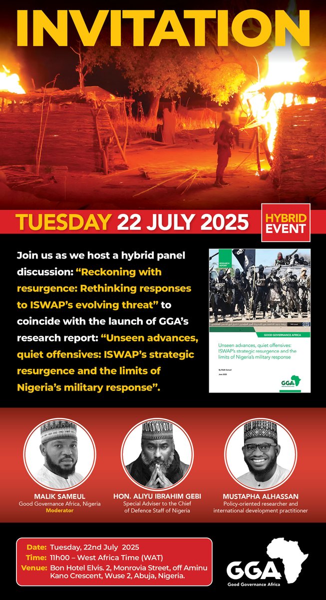 Sazedek's tweet image. Join us on 22 July for the launch of @GGA_org @GGA_Nigeria's new report on ISWAP’s resurgence, followed by a panel discussion, “Reckoning with Resurgence: Rethinking Responses to ISWAP’s Evolving Threat.”
Register here: events.teams.microsoft.com/event/c572abfa…