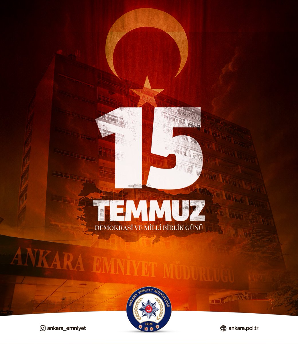 15 Temmuz Demokrasi ve Millî Birlik Günü’nde, vatan ve bayrak uğruna şehit olan kahramanlarımızı rahmet ve minnetle, gazilerimizi şükranla anıyoruz. 🇹🇷 

#AnkaraEmniyet
#ZaferinAdıTürkiye
#15TemmuzDemokrasiveMillîBirlikGünü
