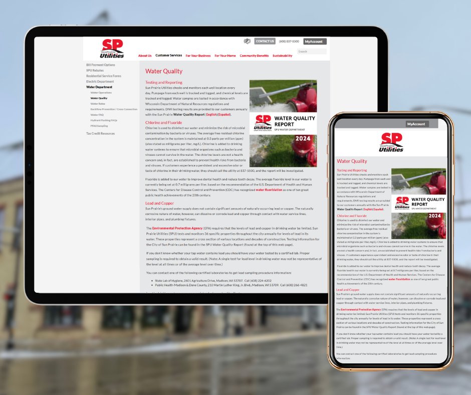 SPUtilities's tweet image. Have you seen our 2024 Water Quality Report? It provides water-related info ranging from treatment and test data to future projects and our sticker contest. You can access it on our website by clicking Customer Services and Water Department to get to Water Quality. #SunPrairie