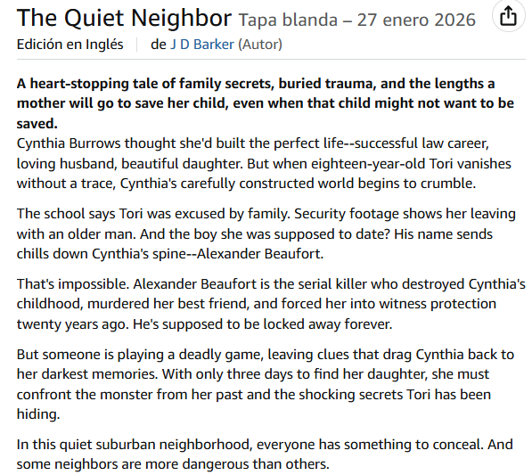 La próxima novela de J. D. Barker saldrá en enero de 2026 (en inglés). Se titulará 'The Quiet Neighbor'.