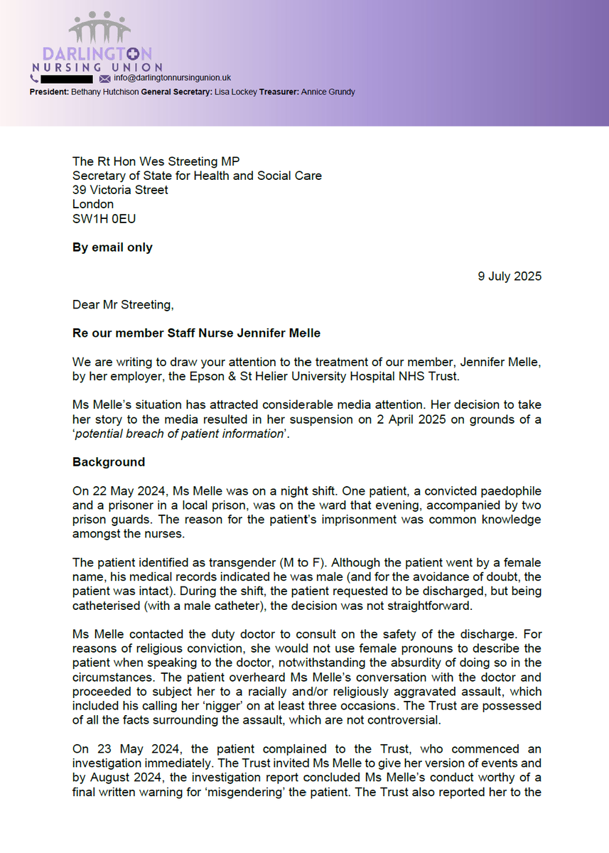 DarlingtonUnion's tweet image. The Darlington Nursing Union has written to
@wesstreeting urging him to urgently intervene in the case of NHS nurse, Jennifer Melle
Jennifer was assaulted, repeatedly called the N word, investigated, disciplined and referred to the Nursing and Midwifery Council for indirectly…