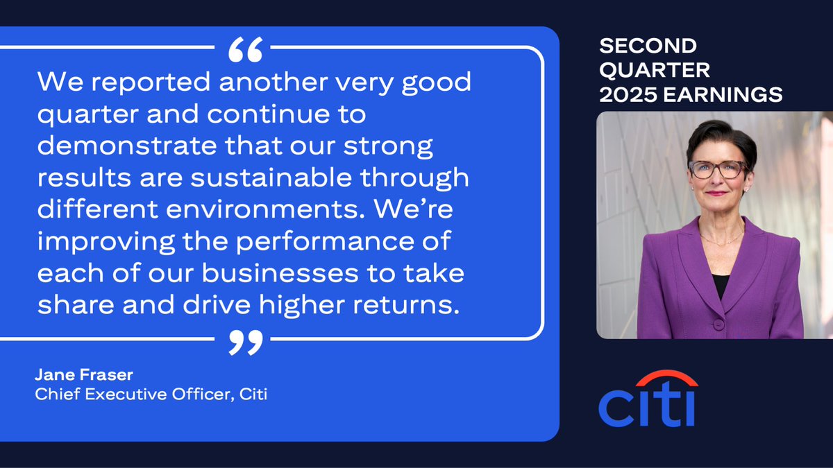 Citi's tweet image. Citi CEO Jane Fraser discusses second quarter 2025 earnings.
Read the full report: on.citi/3TFEP7O