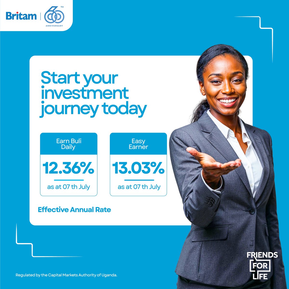 Make your money hustle while you chill.

Earn up to 13.03% with Britam’s Easy Earner or 12.36% with Earn Buli Daily.

Start investing today: it’s smart, simple &amp; secure.

Let your cash do the heavy lifting 💪💙

#BritamAt60 #FriendsForLife