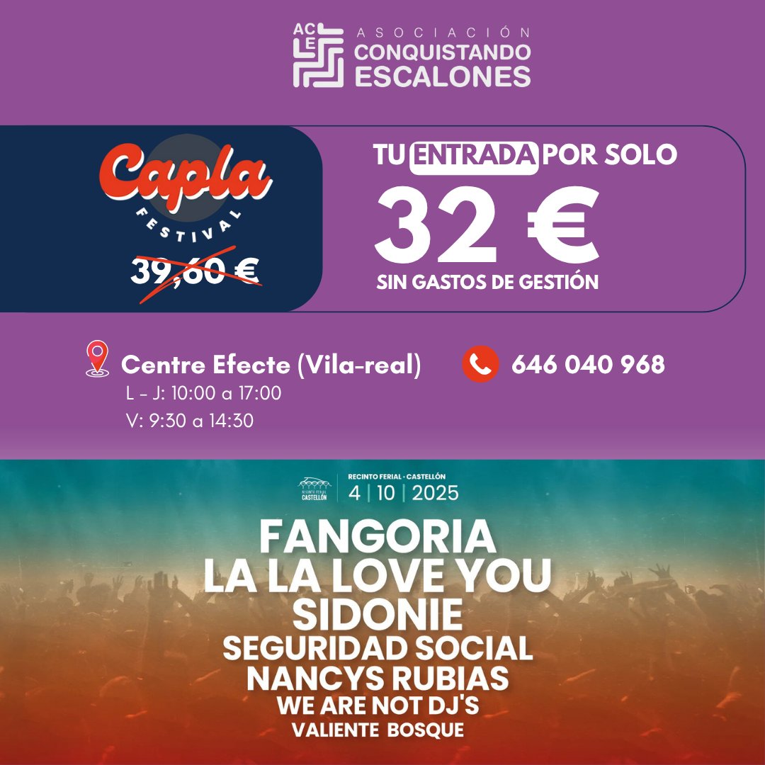 Asociación Conquistando Escalones (@acedistrofia) on Twitter photo ¡Compra tus entradas para <a href="/Caplafestival/">Capla Festival</a> por 32 € en Conquistando Escalones!
A nosotros nos ayudas a impulsar la cura de la Distrofia Muscular LGMDD2 y el VIH y tú te diviertes con los conciertos en directo. 🥳
📍Centre Efecte (Vila-real)
📞 646 040 968 ¡Compra tus entradas para <a href="/Caplafestival/">Capla Festival</a> por 32 € en Conquistando Escalones!
A nosotros nos ayudas a impulsar la cura de la Distrofia Muscular LGMDD2 y el VIH y tú te diviertes con los conciertos en directo. 🥳
📍Centre Efecte (Vila-real)
📞 646 040 968