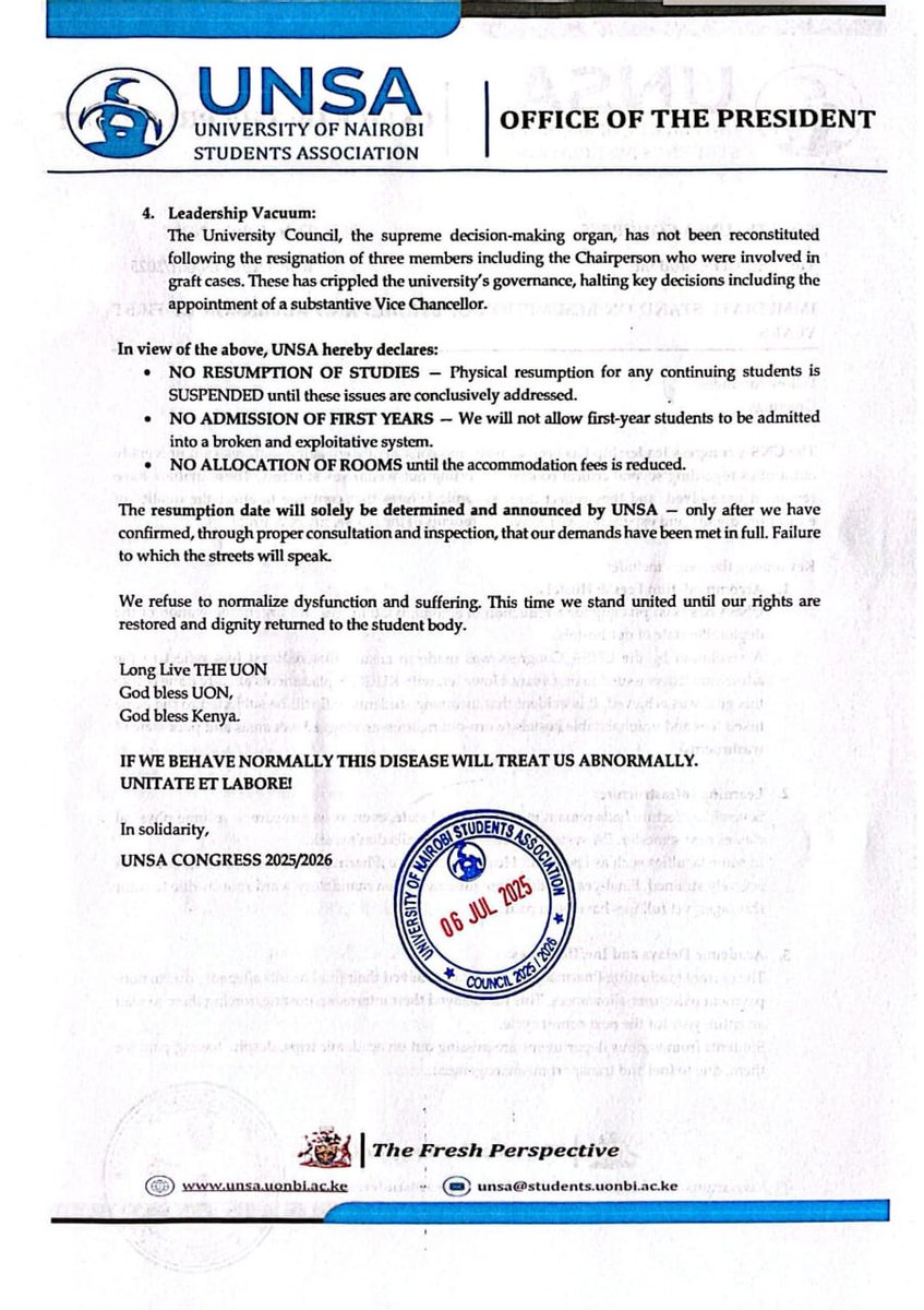 📢 OFFICIAL UNSA STAND
NO Resumption. NO Admission. NO Allocation. Until issues are fully addressed.

We are not accepting dysfunction as normal. 
🛑 Exploitative fees
🛑 Deplorable hostels
🛑 Delayed results
🛑 Administrative crisis

📄 Full Statement 👇
#UoNOnStrike #UNSA2025
