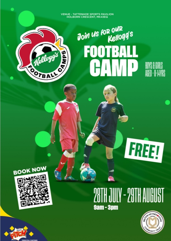 #KelloggsFootballCamps are here!

Book your FREE place:

🥣 Buy a Kellogg’s Football Camps promotional pack

📲 Head to the <a href="/kelloggs/">Daniel</a>.uki website and enter the unique cereal box code

⚽ Choose MK Dons to secure your place

T&amp;Cs apply: zurl.co/49Ngd

#EFL | #AD