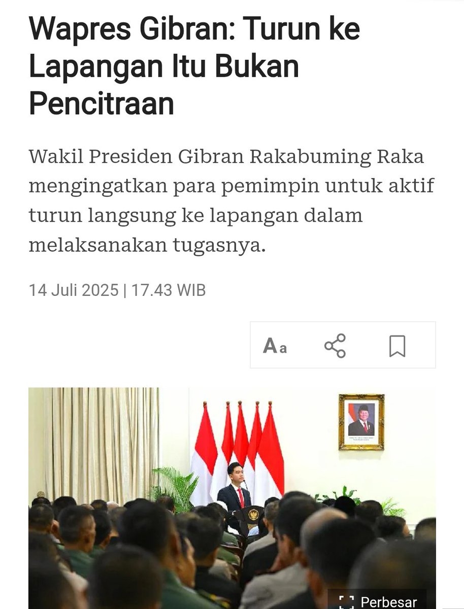 Wapres Gibran Raka mengingatkan para pemimpin untuk aktif turun langsung ke lapangan dalam melaksanakan tugasnya.  sbg bentuk kepedulian dan empati nyata terhadap masyarakat.
Mantap mas 👍