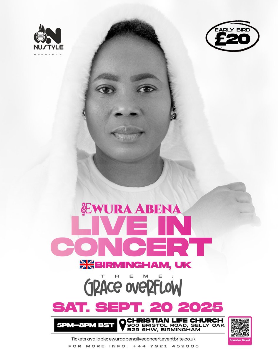 EwuraAbenaMusiq's tweet image. #RoadToGraceOverflow

My “GRACE OVERFLOW” Concert is happening in Birmingham UK 🇬🇧 on 20th September, 2025 at the Christian Life Church, 900 Bristol Road, B29 6HW.

Come and experience “GRACE OVERFLOW” and the POWER of GOD.

Link👇 for EARLY BIRD TICKETS
ewuraabenaliveconcert.eventbrite.co.uk