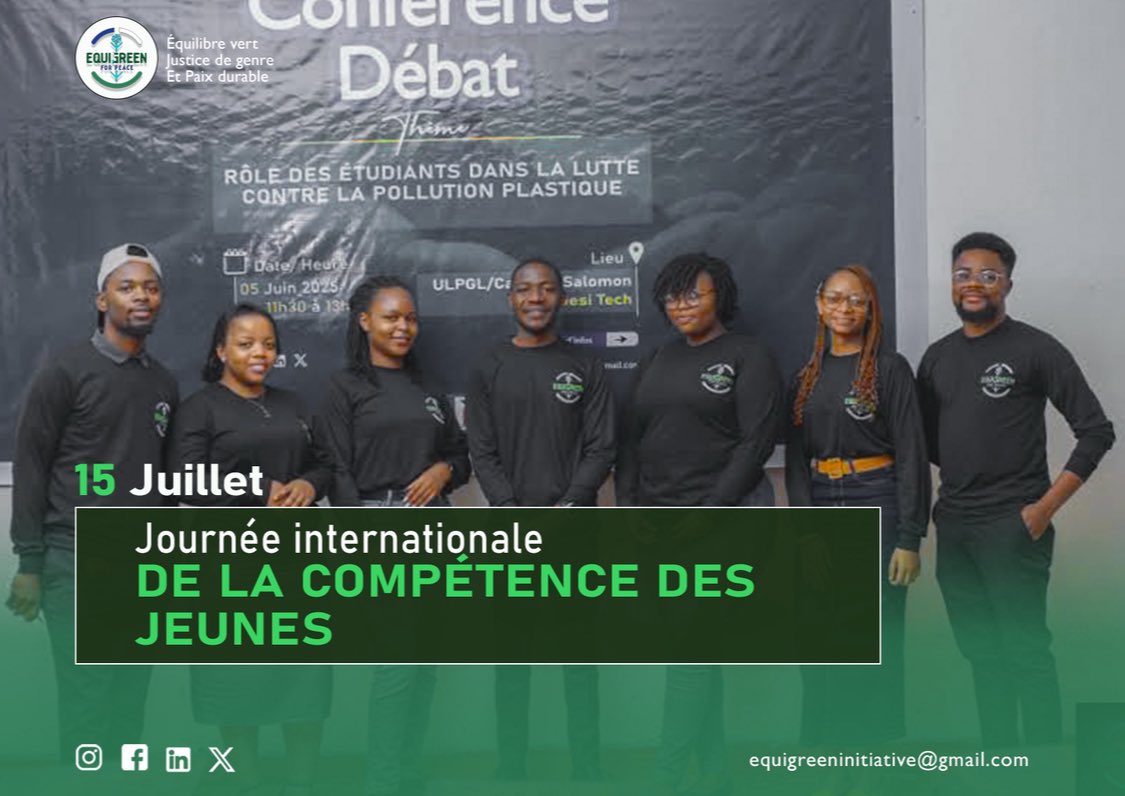 🌍 En cette #JournéeDesCompétencesDesJeunes, nous célébrons l’énergie, la créativité et le potentiel des jeunes qui transforment notre monde. 💡
Investir dans leurs compétences, c’est construire un avenir plus juste, durable et inclusif. ✊🏽🌱
#YouthSkillsDay #EquigreenForPeace