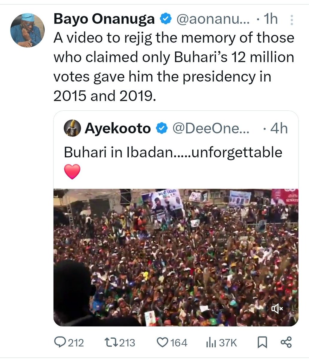 Buhari's 12 million votes could not make him president.  Tinubu's spokesperson Bayo Onanuga in a Twitter  post made before the burial of Nigeria's former President Buhari. (Mr Onanuga Bayo has since deleted the post)
