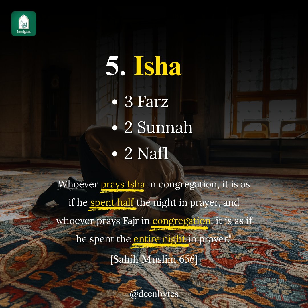 Deenbytes's tweet image. Salah is not just a ritual, It's your shield from sins &amp;amp; your path to Jannah. ✨(PT.2)

Fajr = Peace 🌙Duha = Blessings 🌸Zuhr = Protection 🛡️Asr = Paradise Promise 🕌Maghrib = Calmness 🌅Isha = Half-night Reward 🌌
#DeenBytes #SalahReminder #PrayOnTime #IslamicMotivation