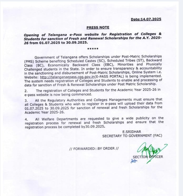 #Telangana govt opened e-Pass portal for Post-Matric Scholarship registrations for academic yr 2025-26. Eligible students, colleges must register online between Jul 1 and Sept 30, 2025. For application &amp; details, visit official website: telanganaepass.cgg.gov.in #Hyderabad