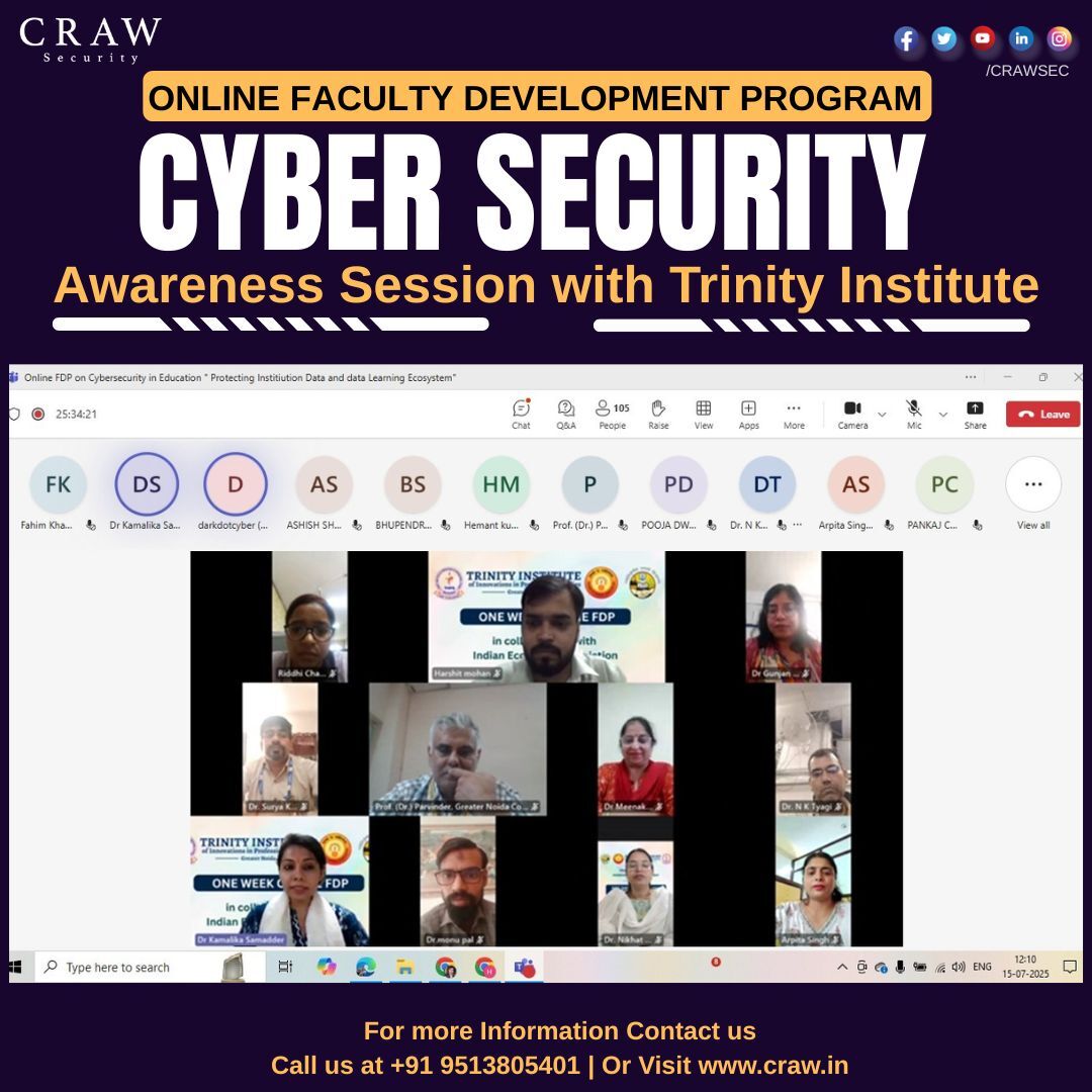 crawsec's tweet image. 🧑‍🏫 #CrawSec conducted an online Faculty Development Program for #TrinityInstitute of Innovations in Professional Studies — empowering staff with knowledge of #cyberattacks &amp;amp; prevention techniques.🔐 Learn. Research. Innovate.
📞 +91 9513805401
🌐 craw.in