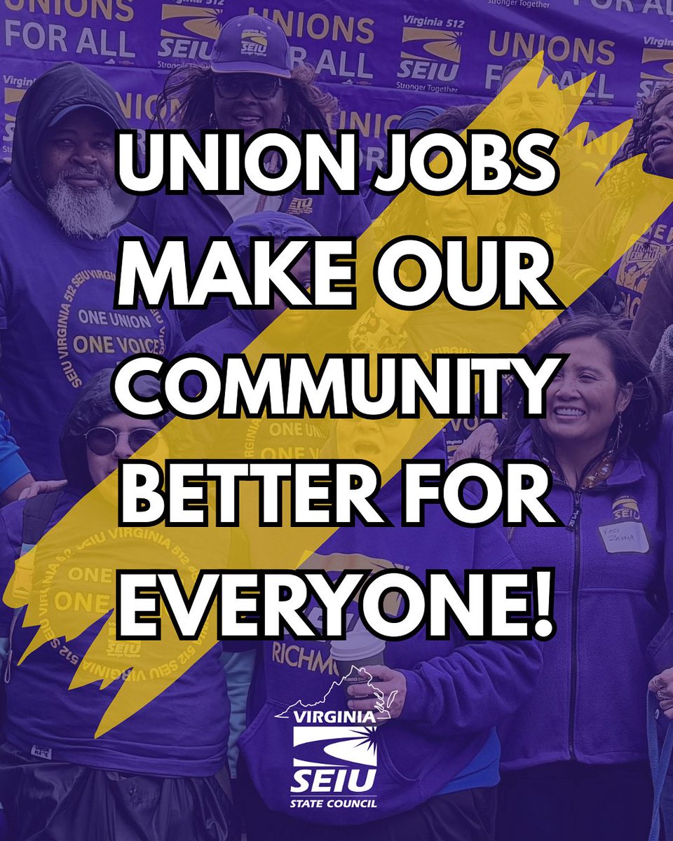 SEIU_Virginia's tweet image. Good union jobs make your community a better place for all,
whether you have a union job or not
When workers have the right to organize & bargain, we all benefit from better services & stronger economies
Organize your workplace or support local workers today! #UnionsForAll