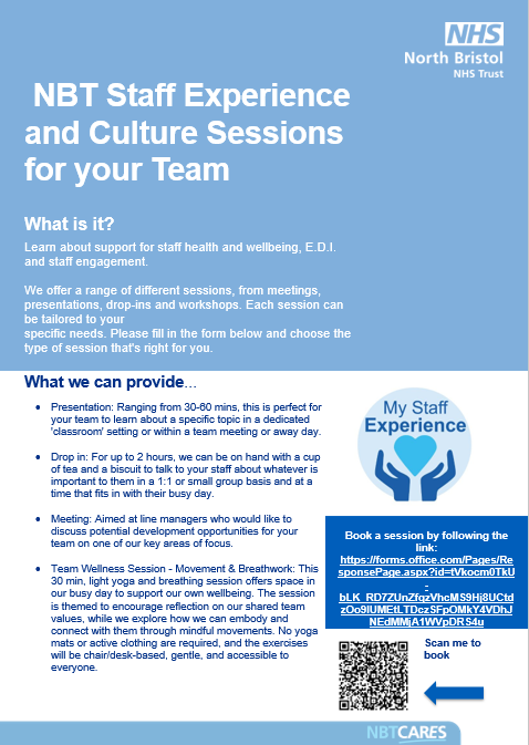 NBT Staff Experience (@nbtstaffexp) on Twitter photo Always brilliant to share the Staff Experience offer with our amazing staff and teams 😀
Book a Staff Experience and Culture session for your team and find out more about staff wellbeing and EDI at NBT.
forms.office.com/Pages/Response…
<a href="/NorthBristolNHS/">North Bristol NHS Trust</a> Always brilliant to share the Staff Experience offer with our amazing staff and teams 😀
Book a Staff Experience and Culture session for your team and find out more about staff wellbeing and EDI at NBT.
forms.office.com/Pages/Response…
<a href="/NorthBristolNHS/">North Bristol NHS Trust</a>