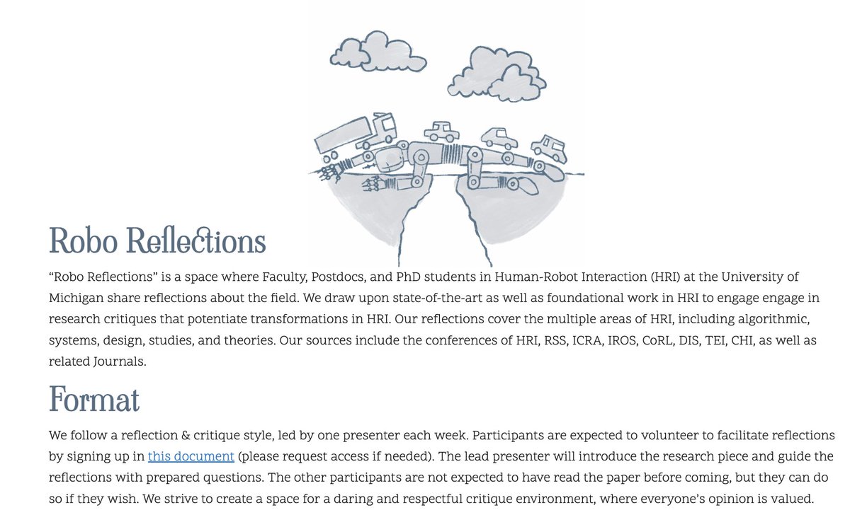 patrícia alves-oliveira (@p_alvesoliveira) on Twitter photo We started "Robo Reflections" 💭 the new #HRI group <a href="/UMRobotics/">Michigan Robotics</a>. It's like a reading group, but better - we engage in critical discussions beyond the readings of a single paper 🩶
Co-organized: <a href="/longjinghsu/">Long-Jing (Claire) Hsu</a>, <a href="/masterson_a/">Annette Masterson</a>, <a href="/mavrojean/">Christoforos Mavrogiannis</a>, <a href="/lionelrobertjr/">Lionel Peter Robert Jr.</a>, leia stirling We started "Robo Reflections" 💭 the new #HRI group <a href="/UMRobotics/">Michigan Robotics</a>. It's like a reading group, but better - we engage in critical discussions beyond the readings of a single paper 🩶
Co-organized: <a href="/longjinghsu/">Long-Jing (Claire) Hsu</a>, <a href="/masterson_a/">Annette Masterson</a>, <a href="/mavrojean/">Christoforos Mavrogiannis</a>, <a href="/lionelrobertjr/">Lionel Peter Robert Jr.</a>, leia stirling