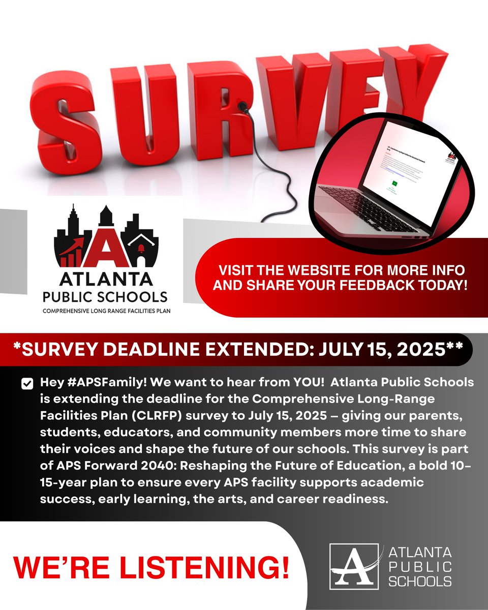 apsupdate's tweet image. 🗣️ Your voice matters! 🏫✨ Help shape the future of Atlanta Public Schools by sharing your thoughts on how to improve our facilities and programs. Take a few minutes to complete the Comprehensive Long Range Facilities Planning survey and make a real difference in our community’s…