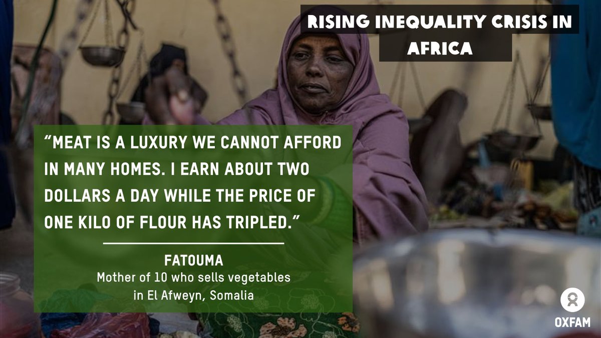Oxfam's tweet image. “I earn $2/day. Meat is a luxury. Flour tripled in price.” — Fatouma, Somalia 🇸🇴
While billionaires grow richer, mothers like her go hungry.
This is injustice. This is avoidable.
📢 Read Oxfam’s new report: oxfam.org/en/press-relea…
#AfricaInequality