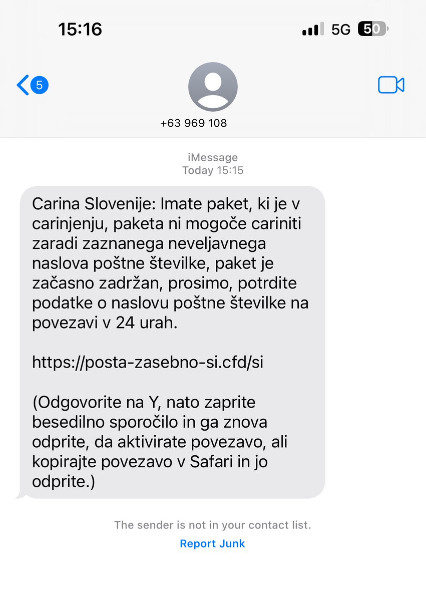 📢 POZOR❗️
➡️ Nova prevara
👉 Zavezanci so nas opozorili, da dobivajo sporočila, kot je to na fotografiji.

❌ Opozarjamo, da gre za prevaro in da sporočil ne pošilja carina oziroma Finančna uprava RS.
✅ Bodite pozorni, da ne sporočate svojih podatkov ali sledite povezavam v