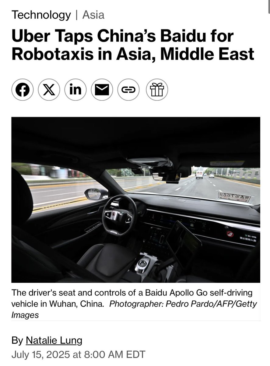 chinainmena's tweet image. Uber working with Baidu and other Chinese firms to deploy robotaxis in the Middle East.
“Baidu’s autonomous vehicles will be available on the Uber app in Asia and the Middle East later this year, the companies said in a statement Tuesday. Thousands of vehicles will be deployed…