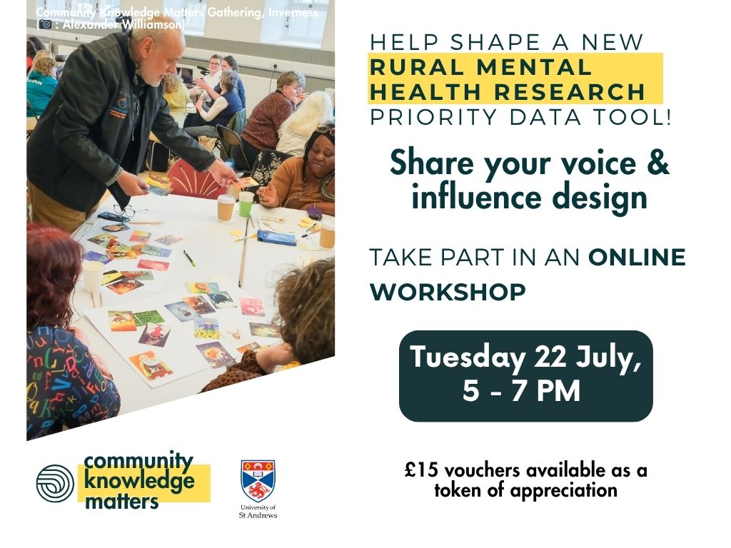 ScienceCeilidh's tweet image. 🧠 Live or work in rural Scotland? Help shape a new mental health data tool!
Join our 2nd online co-design session to make survey insights more useful for communities & services.
🗓 Tues 22 July, 5 to 7pm
communityknowledgematters.com/data-visualisa…
#RuralWellbeing