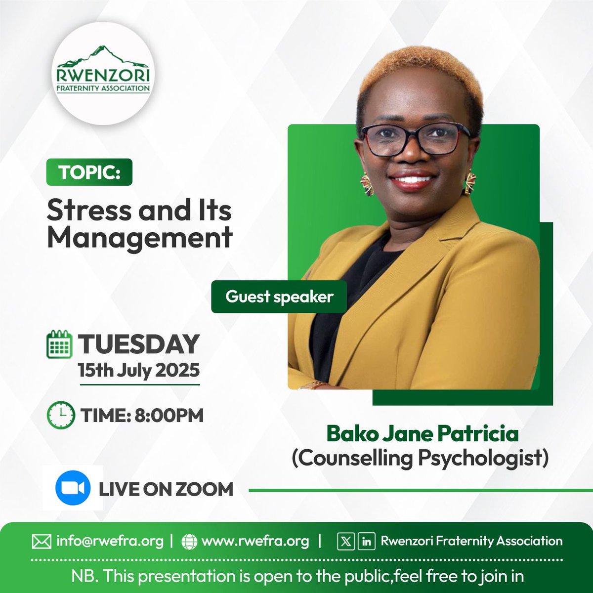 We are inviting you to the weekly topic discussion. 
 Join the  discussion via Zoom by clicking  
us02web.zoom.us/j/89875185624?…
Topic: Stress and Its Management 
Presenter: Bako Jane Patricia (Counselling Psychologist)
Time: 8 pm
Date :15th July 2025(Today, Tuesday)
<a href="/JoyDoreenBiira/">Joy Doreen BIIRA</a>